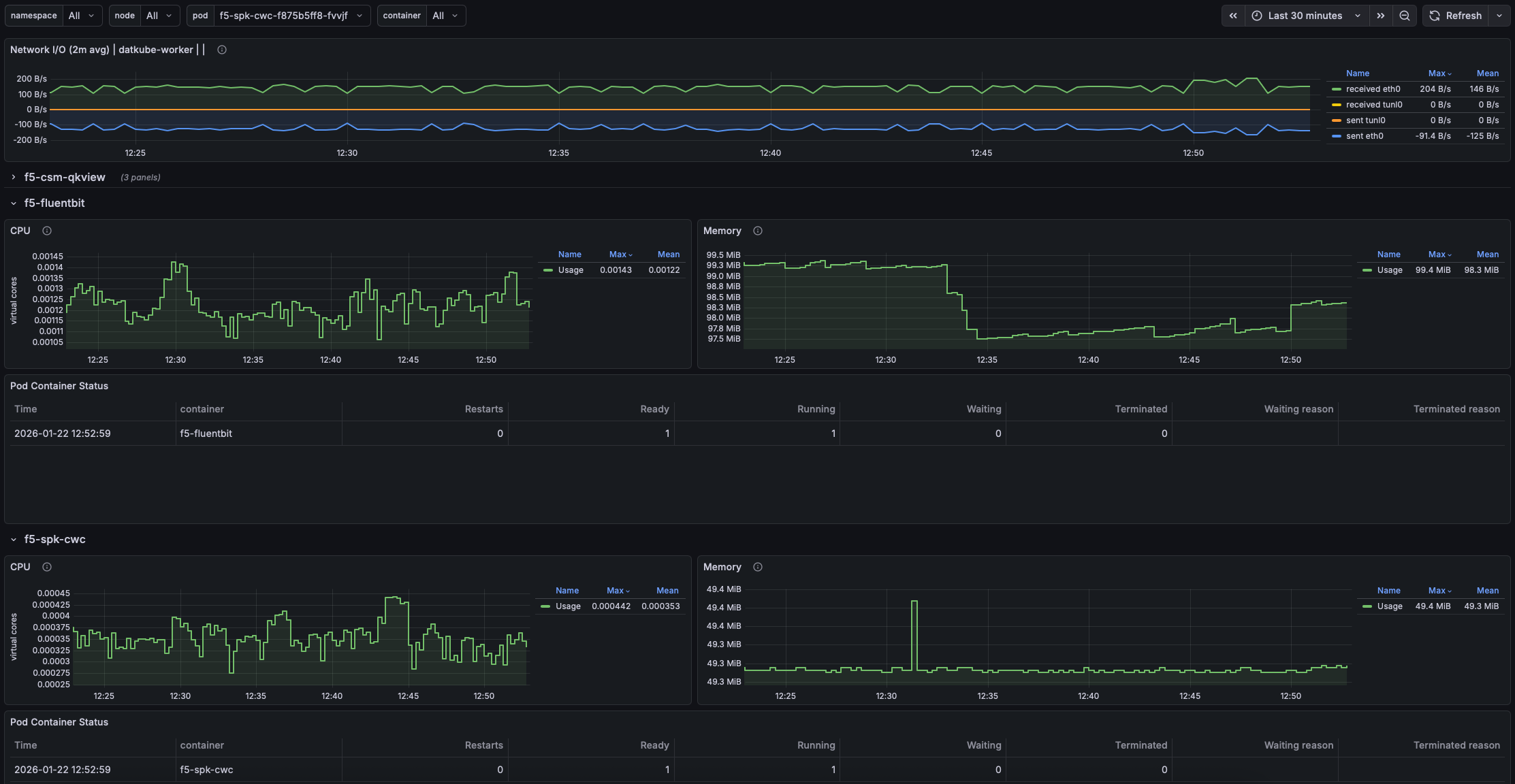 Pod dashboard showing network, CPU, memory, and container status