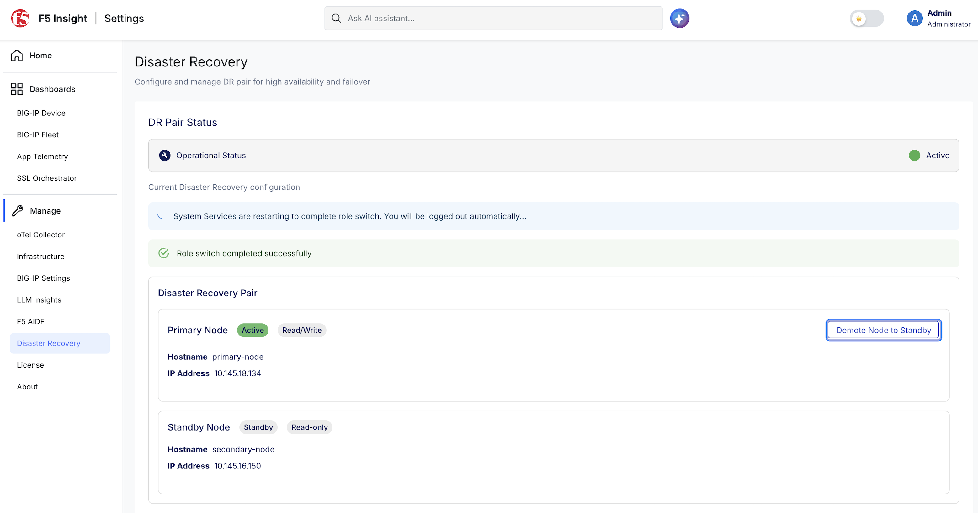 Demote node to standby complete