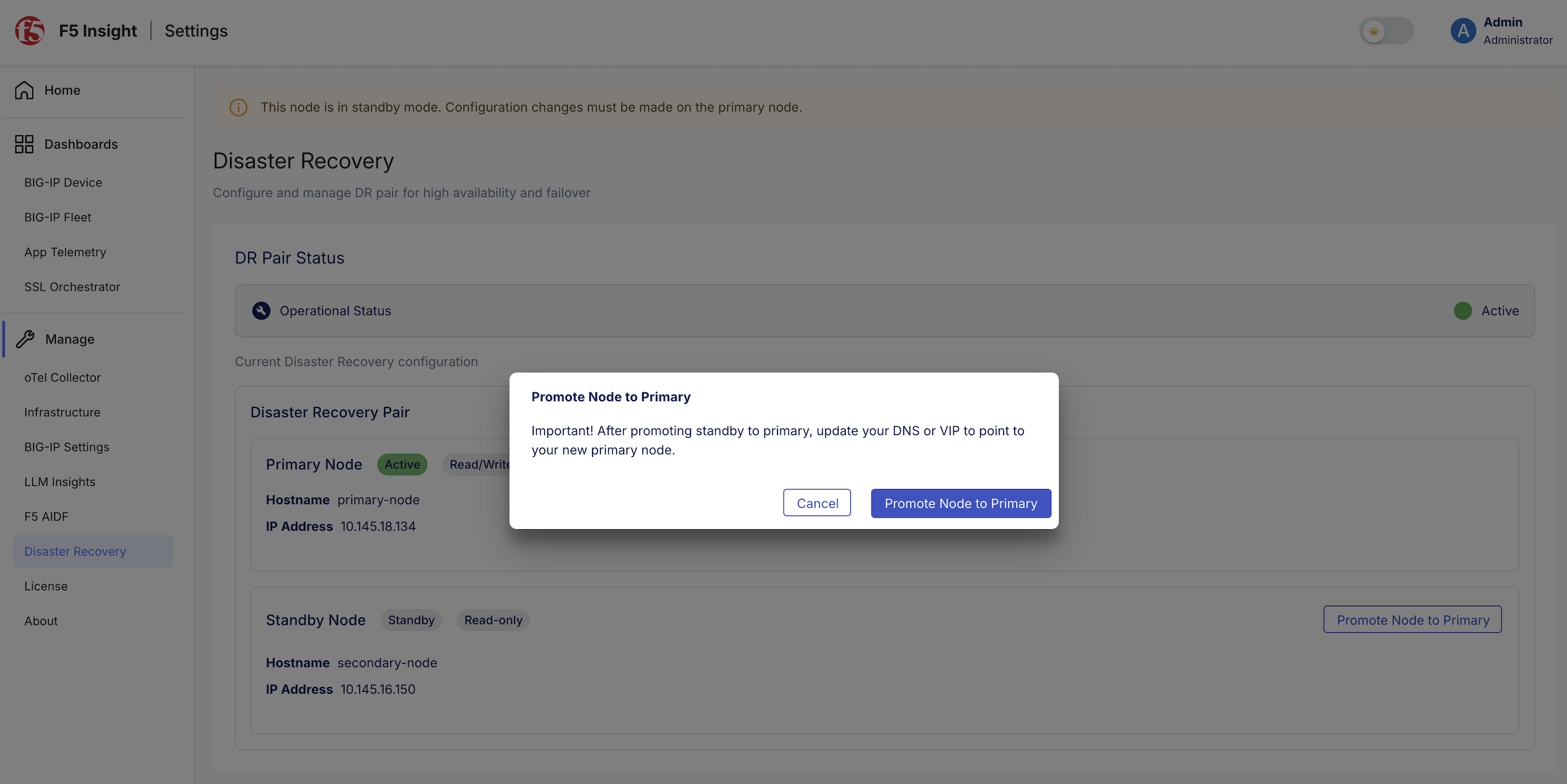 Disaster recovery confirmation message