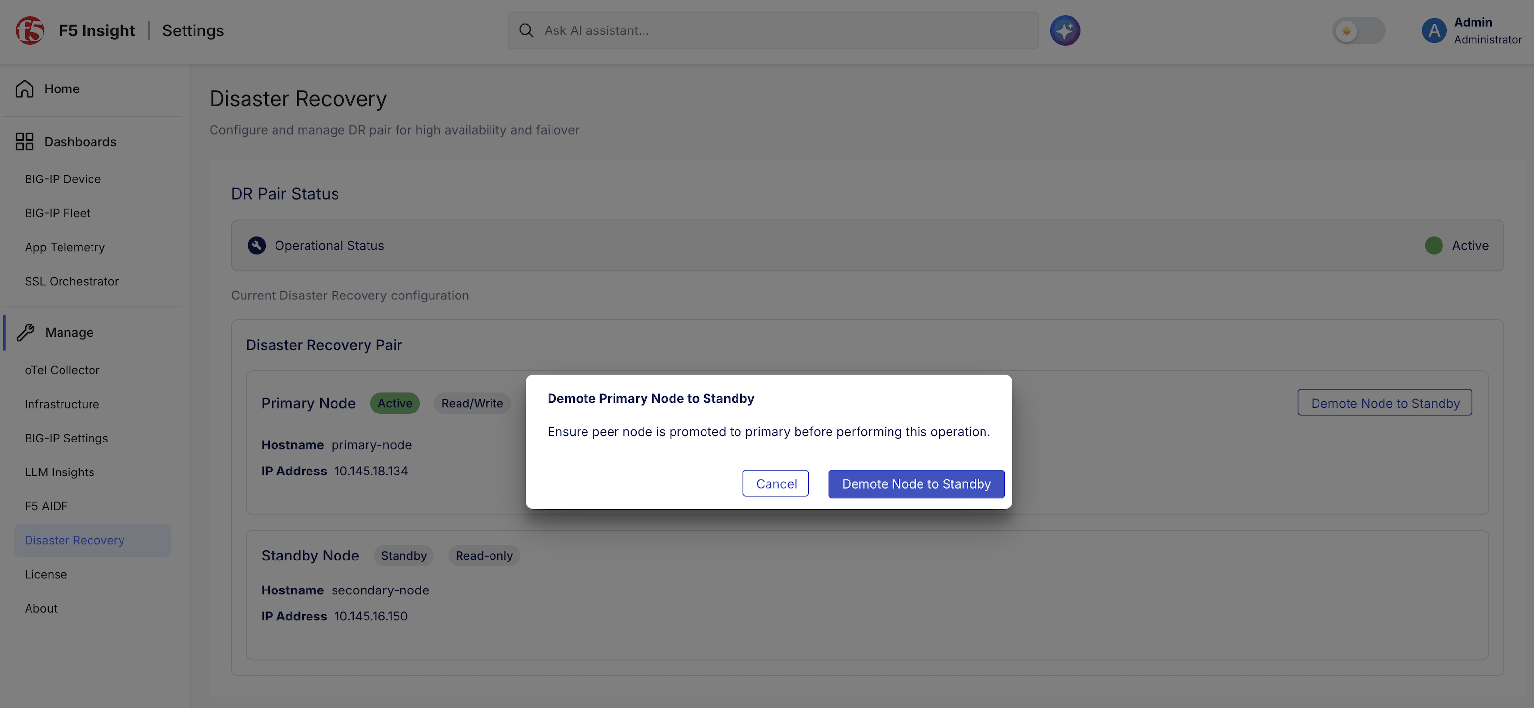 Demote node to standby