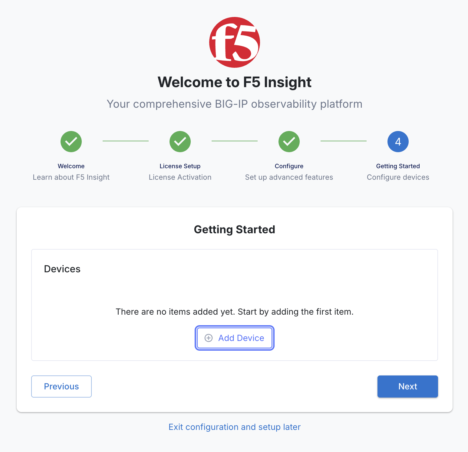 F5 Insight Lite add device onboarding screen
