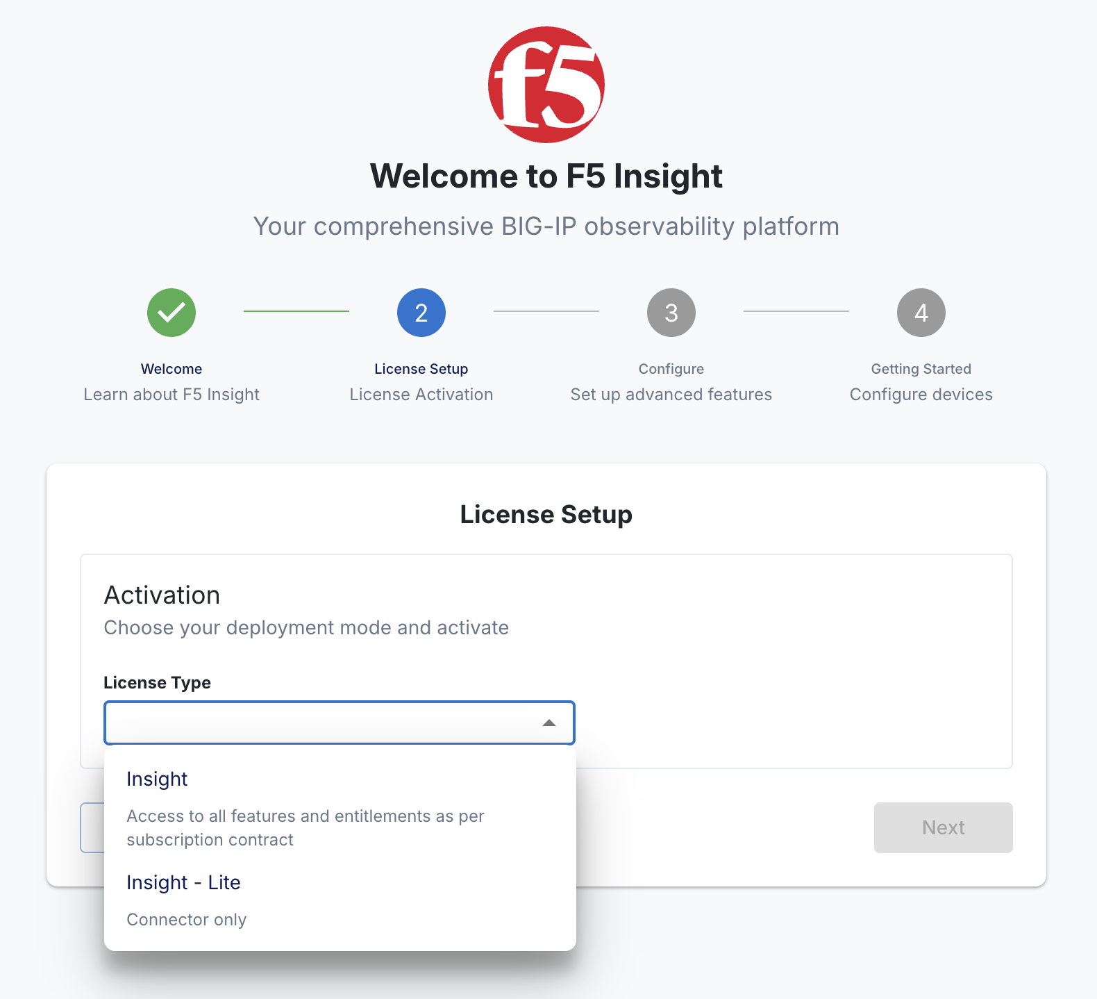 F5 Insight Lite license type selection screen