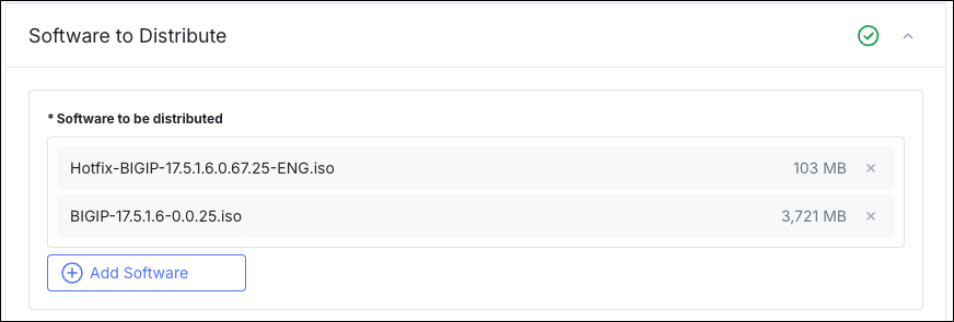 Software to Distribute panel listing both the hotfix ISO and its base ISO