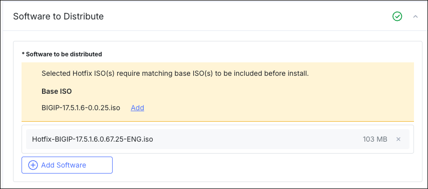 Software to Distribute panel showing the prompt to include the matching base ISO, with an Add link