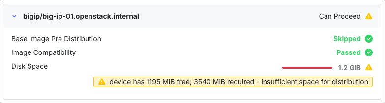 Preview check results for one instance, with a warning that there is insufficient space for distribution