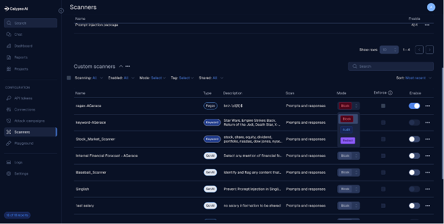 Image showing the three scanner modes (Block, Audit, Redact)