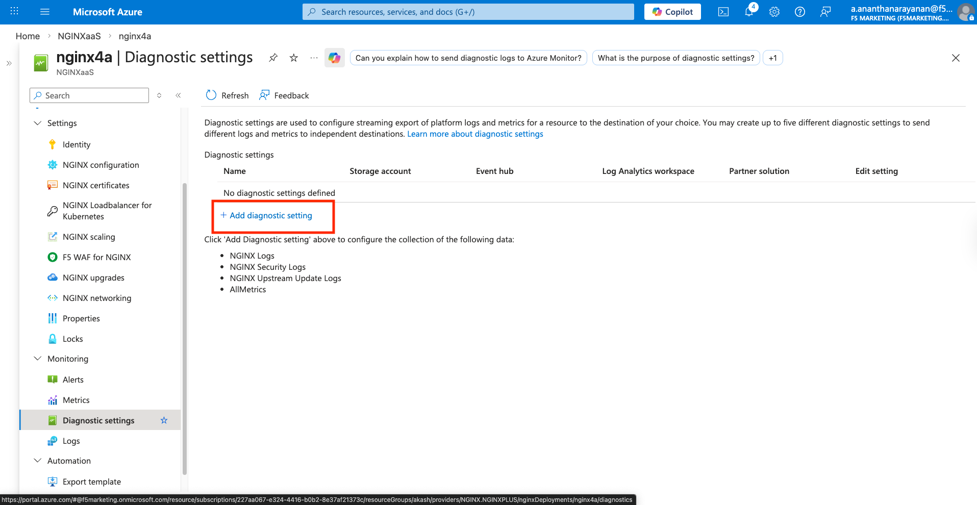 Create Diagnostic settings