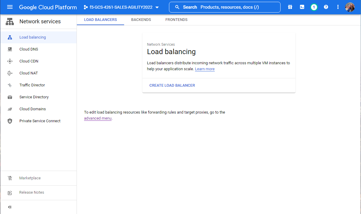 Google Console Network Load Balancing landing page
