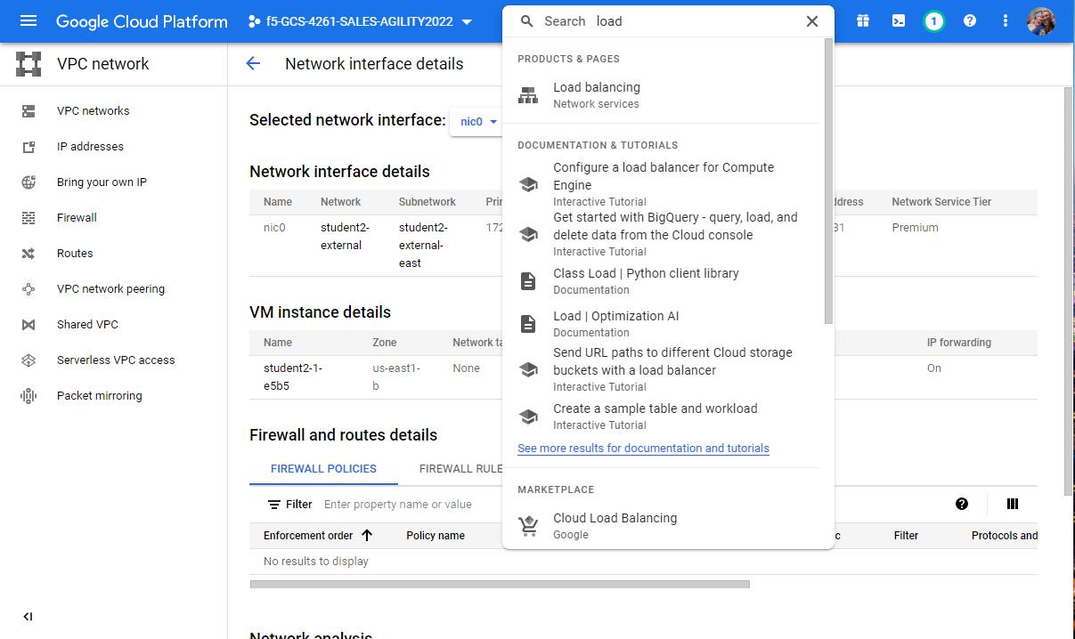 Google Console Network Load Balancing search